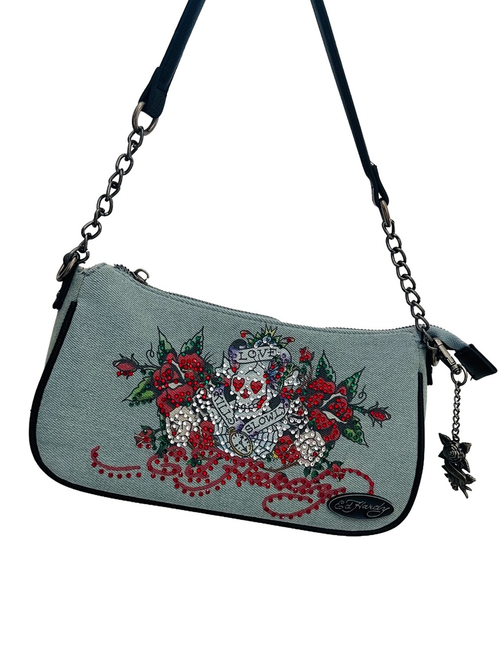 Ed Hardy Light Blue Canvas Shoulder Bag with Red Floral Embellishments